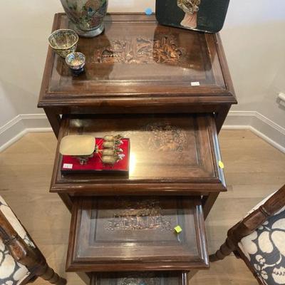 Hand Carved Nesting Tables, Glass Top