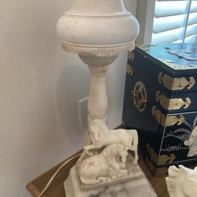 Marble table lamp with carved horses and alabaster shade, Italian