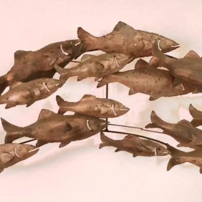 MCM brass school of fish wall sculpture - in the style of Curtis Jere wdth. 53â€