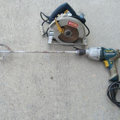 RYOBI SKIL SAW CSB 121 AND A QUANTUM PRO DRILL WITH MIXING ATTACHMENT