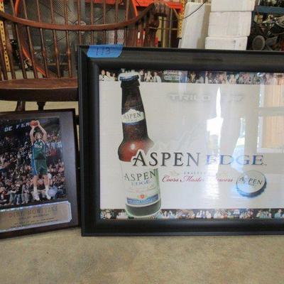 ASPEN EDGE BEER FRAMED ADVERTISEMENT AND A DIRK NOWITZKI FRAMED PLAQUE & PICTURE
