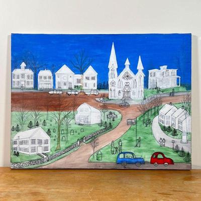 BEDFORD, NY VILLAGE SCENE  |
Unframed oil on canvas townscape painting showing Bedford Village, NY, with white-washed buildings and...
