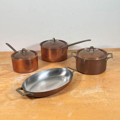 (4pc) PAUL REVERE COPPER PLATES  | 
Including three pots with lids, and one oval-shaped pan or serving dish (w. 14-1/4 in.), each marked...