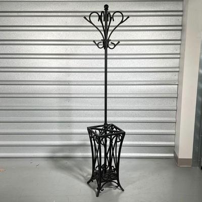 WROUGHT IRON COAT RACK  | Having four hooks, a ball finial, and a lower section umbrella stand - h. 68 x 11 x 11 in.