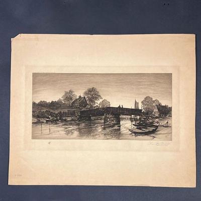 CHARLES W. MIELATZ ETCHING  |
An excellent impression, figures engaged in various activities in a riverscape scene, loose sheet unframed...