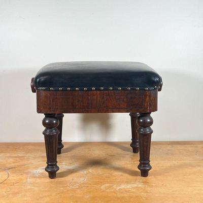 ADJUSTABLE LEATHER STOOL  | Brooks Limited, London arts & crafts satinwood piano stool, having a padded black leather top with brass...