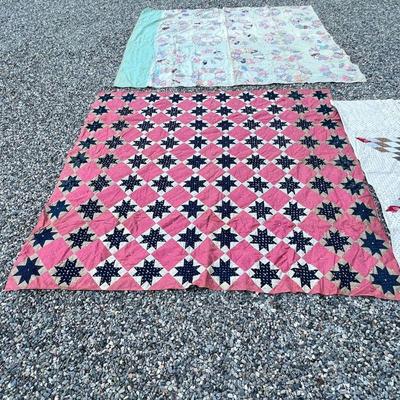 (3pc) AMERICAN QUILTS  | Including one with the pink ground and navy stars; one with the white ground with a small floral print and large...