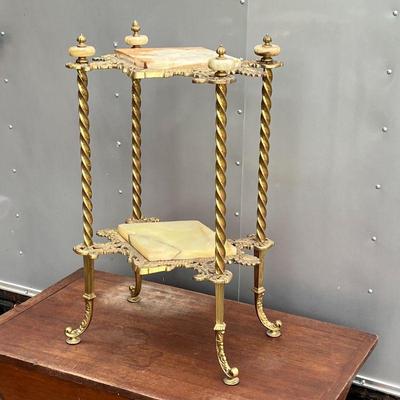 ANTIQUE STYLE LOW ETAGERE  | Heavy brass-toned metal with alabaster accents and heavy stone shelf inserts - h. 31 x w. 19 x d. 13-1/2 in.