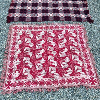 (2pc) HANDMADE BLANKETS  | Vintage hand woven blankets in overall red threads, ideal for decorative use - 86 x 67 in. (largest)
