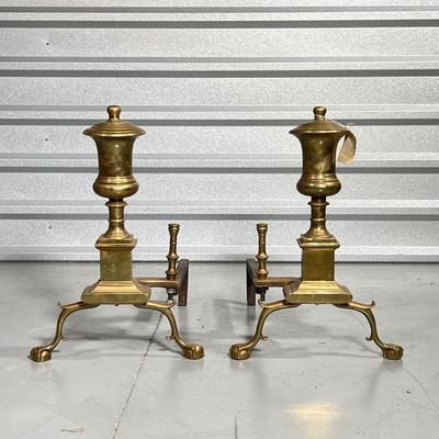 URN-FORM ANDIRONS  | Philadelphia, 19th century, brass andirons with ball and claw feet - h. 20 x 14 x 20 in.