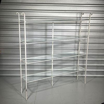 WHITE PAINTED CAST IRON SHELF  |
White painted welded iron shelf with glass inserts - h. 66 x 64 x 12-1/2 in.