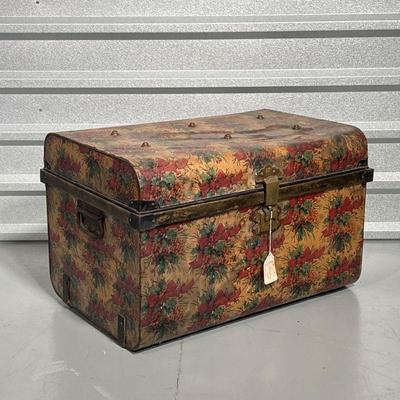 DECOUPAGE TIN TRUNK  | 19th century, with a hinged lid and side carrying handles - h. 17 x w. 26-1/2 x d. 18 in.