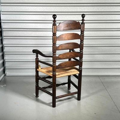 19th CENTURY BREWSTER CHAIR  | Ladder back, sausage turnings, open tapered hand holds, rush seat - h. 50 x 26 x 22 in.