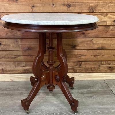 Victorian Accent Table w/ Marble Top on Casters