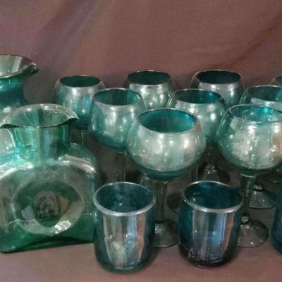Teal Blue Glass Pitcher, Decanter, & Wine Glasses https://ctbids.com/estate-sale/18122/item/1813363