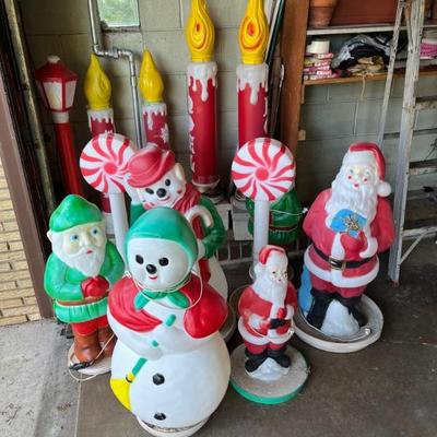 vintage Christmas blow molds--Santa, elves, snowman, candles, lollipops
