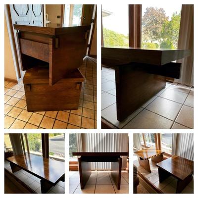 set of 5 Brutalist style tables by Lane, 1970s, walnut veneer--2 end tables, 2 side tables with a drawer, 1 coffee table