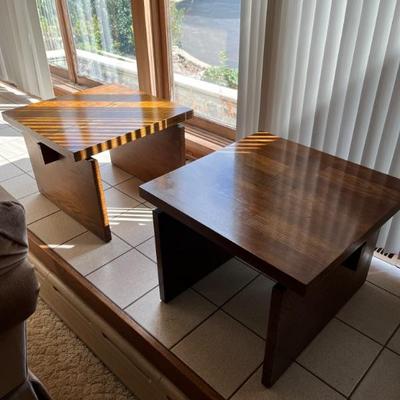 set of 5 Brutalist style tables by Lane, 1970s, walnut veneer--2 end tables, 2 side tables with a drawer, 1 coffee table
