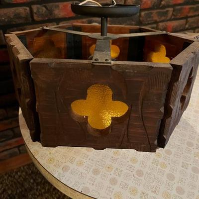 1970s wood and stained glass light fixture