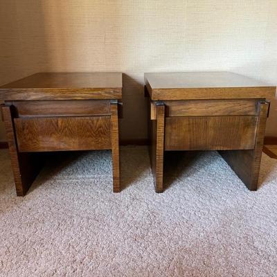 set of 5 Brutalist style tables by Lane, 1970s, walnut veneer--2 end tables, 2 side tables with a drawer, 1 coffee table
