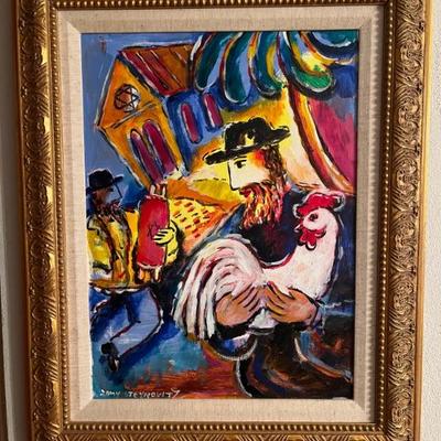 "Man with a Rooster" by Zamy Steynovitz (1951-), oil on canvas, 18" x 13"