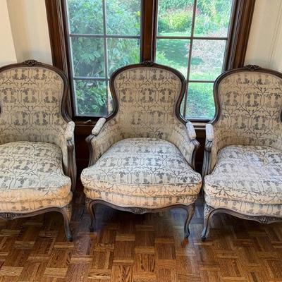 Louis XV style bergeres, chairs, down filled cushions, French Provincial style