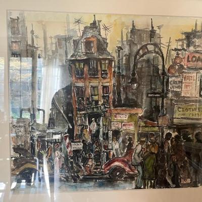 Watercolor urban landscape by Sol Baskin, Chicago scene
