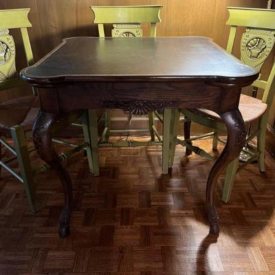 black leather topped gaming table with cabriole legs, French Provincial style, Baker