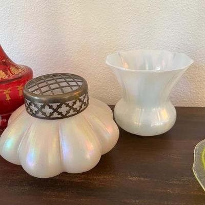 antique opalescent glass flower frog and vase