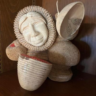 Inuit sculpture, stone with walrus ivory, by Heindel
