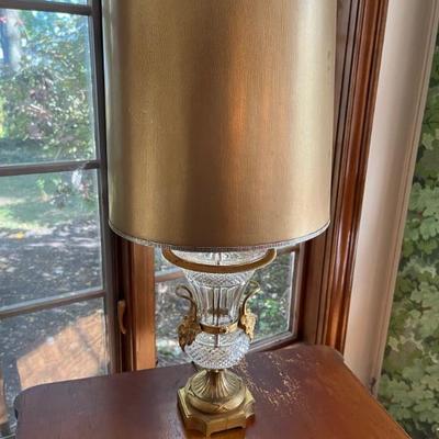 vintage crystal and ormolu lamp with gold shade