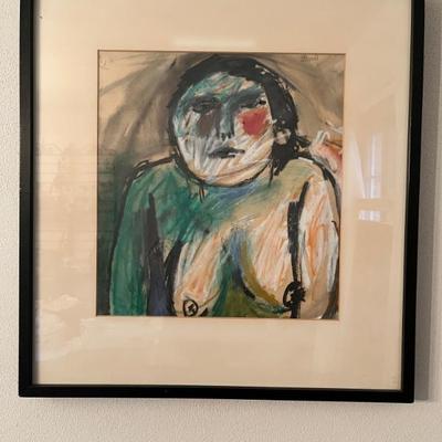 Expressionist watercolor and pastel nude signed E. Roven