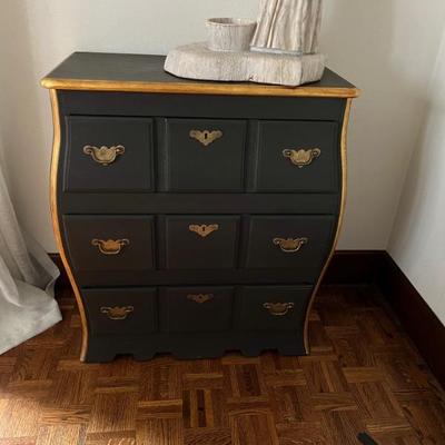 Pair of Baker chests, black and gold with Asian inspired brasses