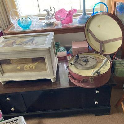 Glass, console table, small trunk, Emerson suitcase turntable