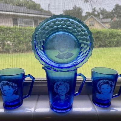 Vintage Shirley Temple Blue Glass Bowl, Cobalt Pitcher and Glasses