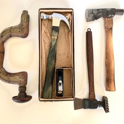 Vtg. Stanley tools in box. Hatchet on right is Collins