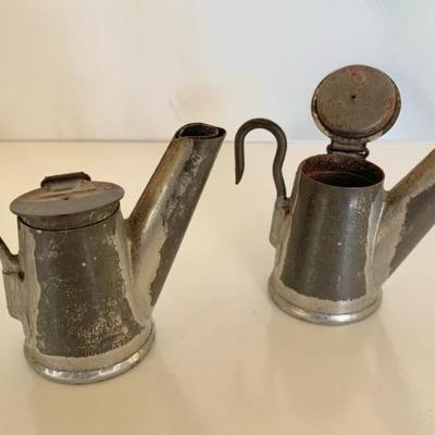 Antique tin miners teapot style lamps impressed â€œ Geo. Anton Star Monongahela City Washington Co. Pa. 1902 These may have been clipped...
