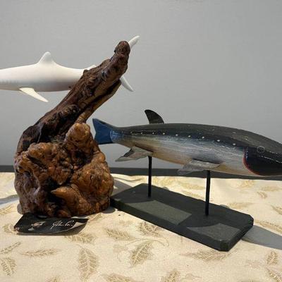 WST029-John Perry Shark Sculpture With Burlwood Base & Decorative Fish