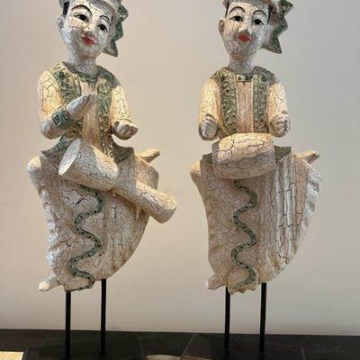 WST011- Pair Of Vintage Wood Carved Thai Musician Figurines