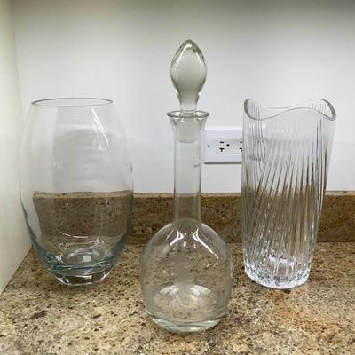 WST105 Etched Glass Decanter & Two Large Glass Vases