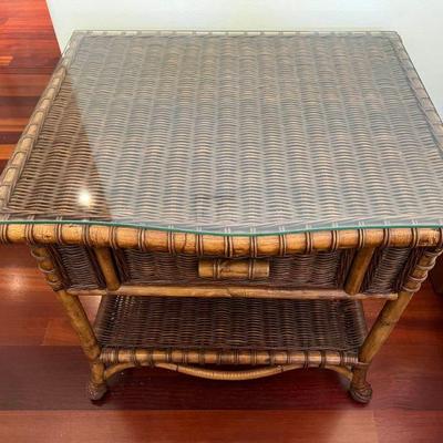 WST095- Bamboo Wicker Side Table With Glass Top