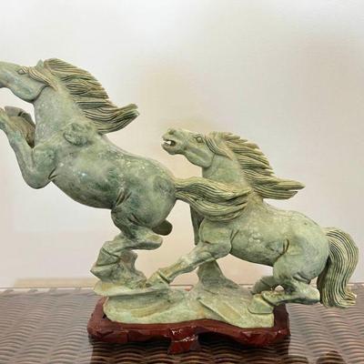 WST075- Antique Hand Carved Stone Horse On Wooden Stand