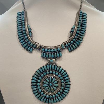 Sterling Silver & Turquoise Necklace, Marked JWMS	