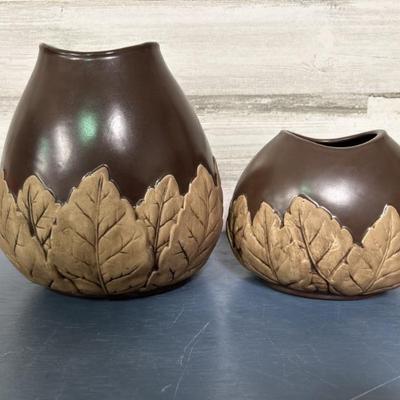 (2) Pottery Jar Vases w/ Leaves Pattern
