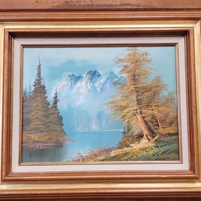 Framed Mountain Landscape Oil Painting, Signed