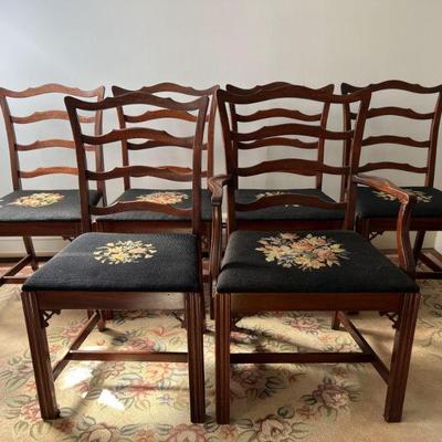 Set of Six Black Floral Needlepoint Dining Chairs, Every Seat Unique