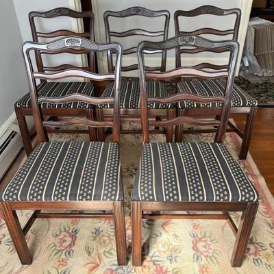 Set of Five Mahogany Dining Chairs w/ Black Rosette & Ticking Stripe Seats