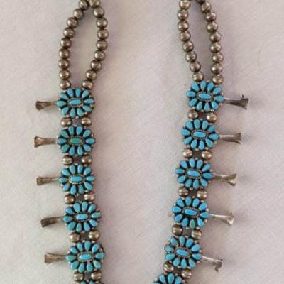 Victor Moses Begay, Navajo silversmith, reversible squashblossom necklace - sterling/turquoise/coral