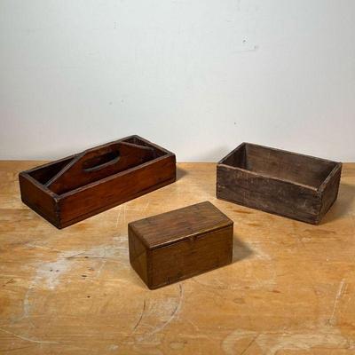 (3pc) ANTIQUE WOOD BOXES  |
Including an unusual four-part box that rolls to open fully flat (patented 1889), plus a miniature tool box...