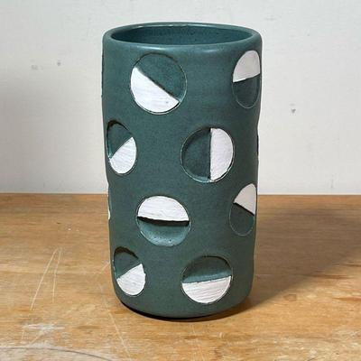 CONTEMPORARY CERAMIC VASE  |
Handmade pottery vase with green and white semi-circle design, signed with artist's monogram on the bottom -...